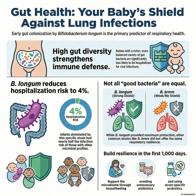 Illustration showing infant gut microbiome with beneficial Bifidobacterium bacteria