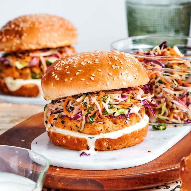 Salmon Burgers with Crunchy Pickled Salad