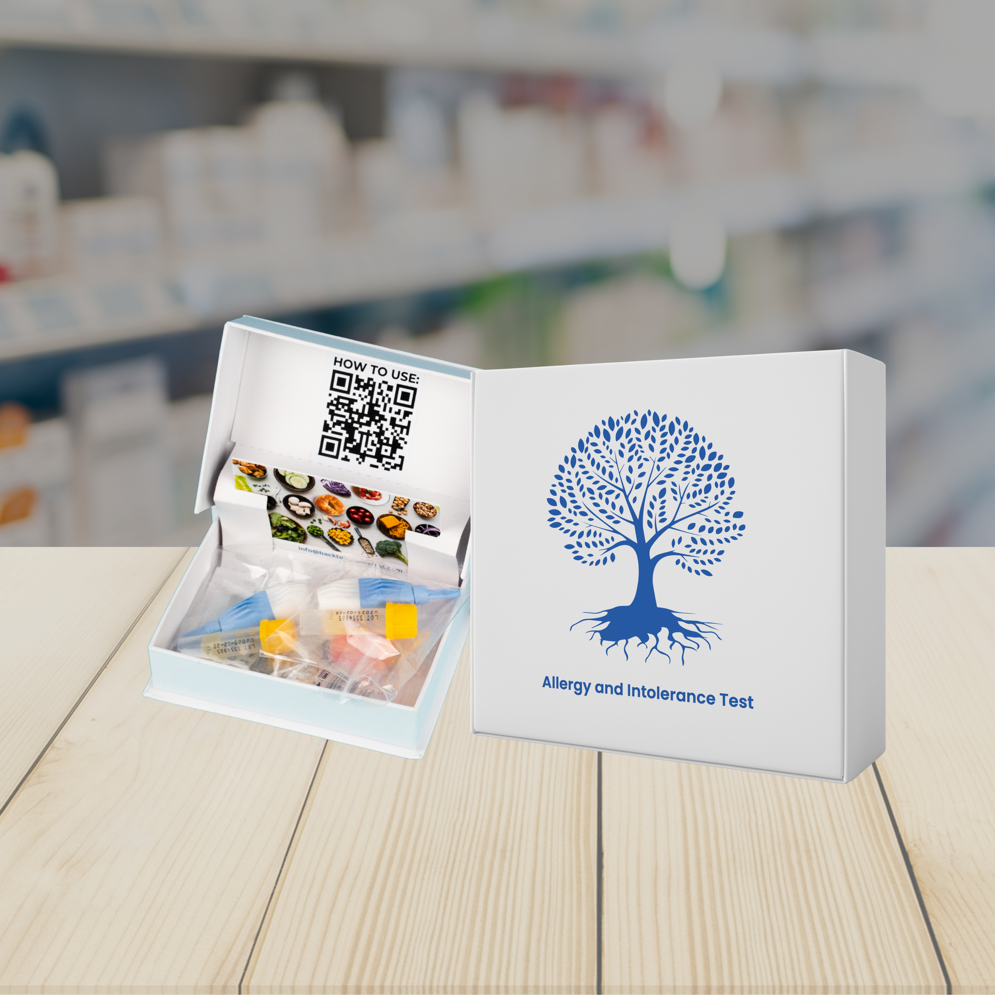 Allergy and intolerance test kit with tree logo on a pharmacy desk