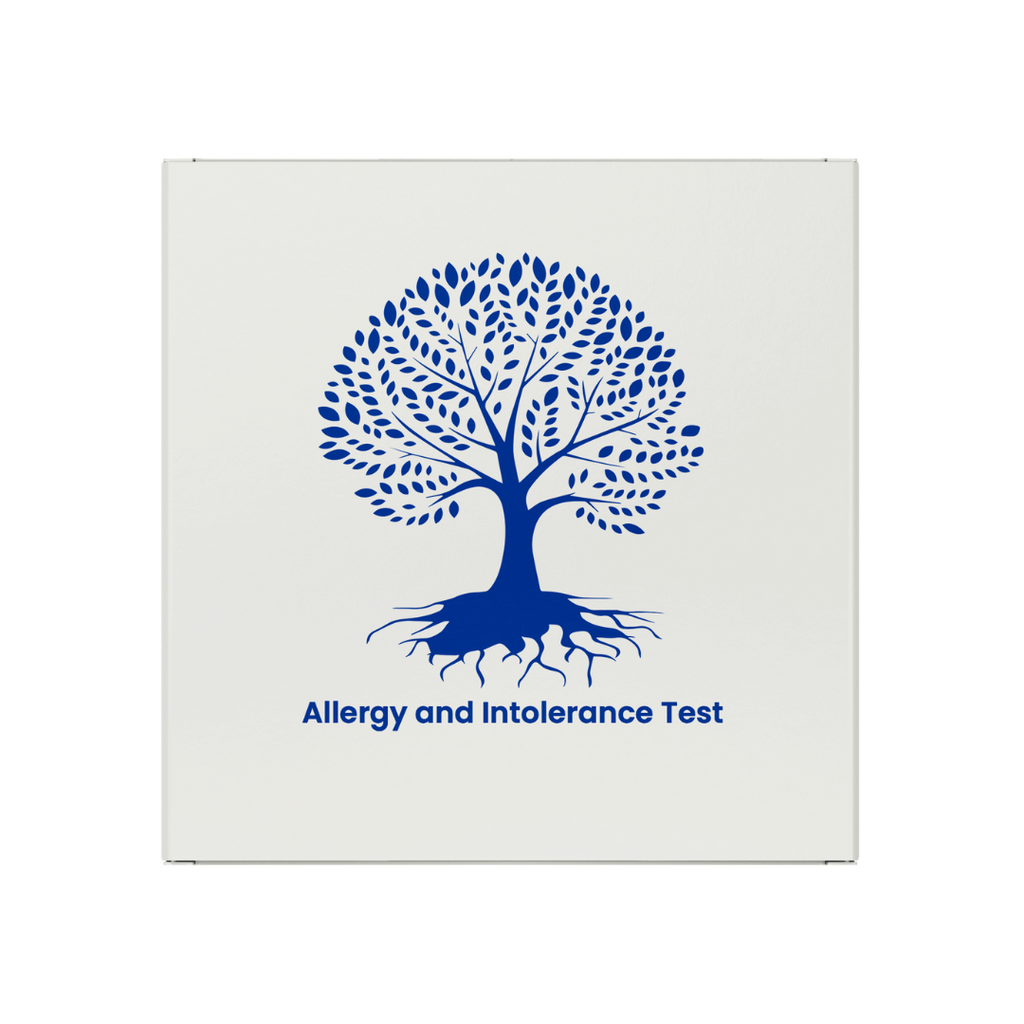 Allergy box with blue tree design and text 'Allergy and Intolerance Test' on a white background