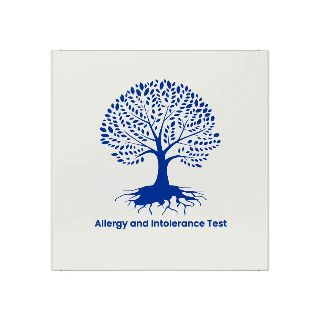 Allergy box with blue tree design and text 'Allergy and Intolerance Test' on a white background