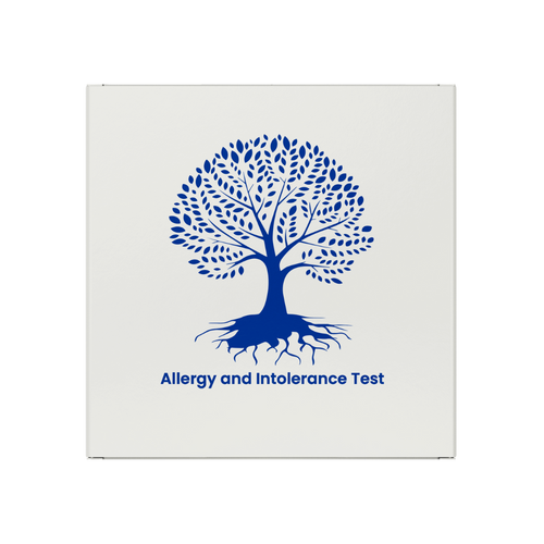 Allergy box with blue tree design and text 'Allergy and Intolerance Test' on a white background