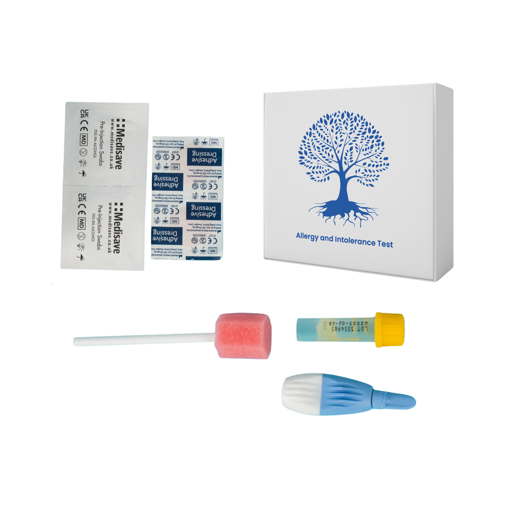 Allergy and intolerance test kit with components on a white background