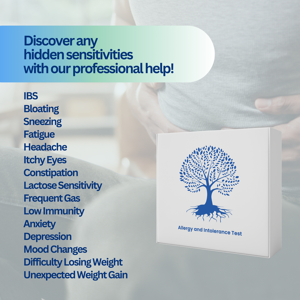 Detailed infographic of Back to Balance allergy and intolerance test with a list of symptoms.