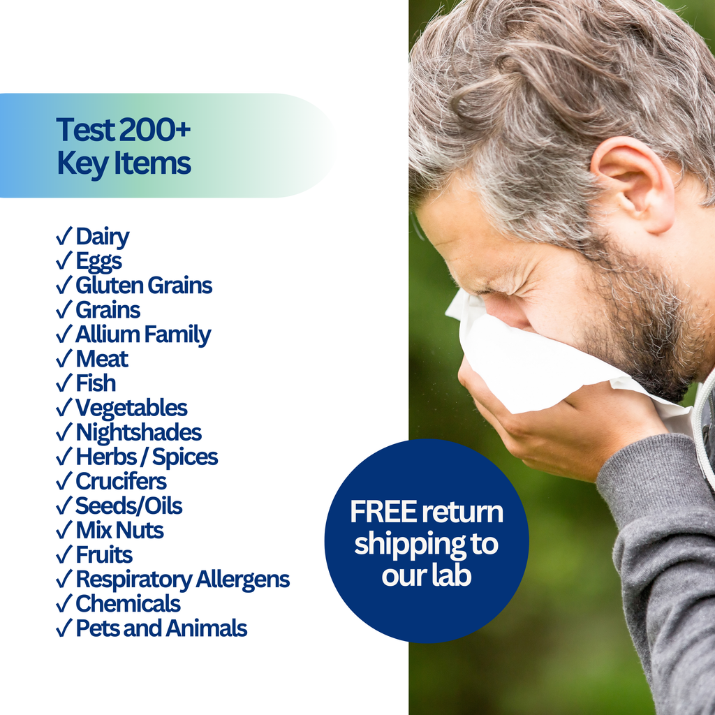 Person with a tissue, allergen testing list, and free return shipping offer on a white background.